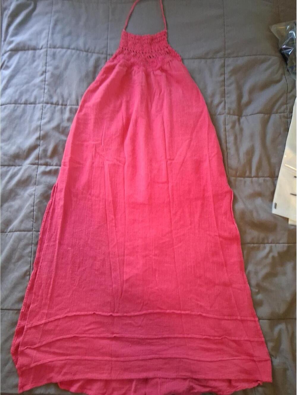 Billabong Size S Pink Gauze Halter Neck Crochet Maxi Vacation Dress Cover B2